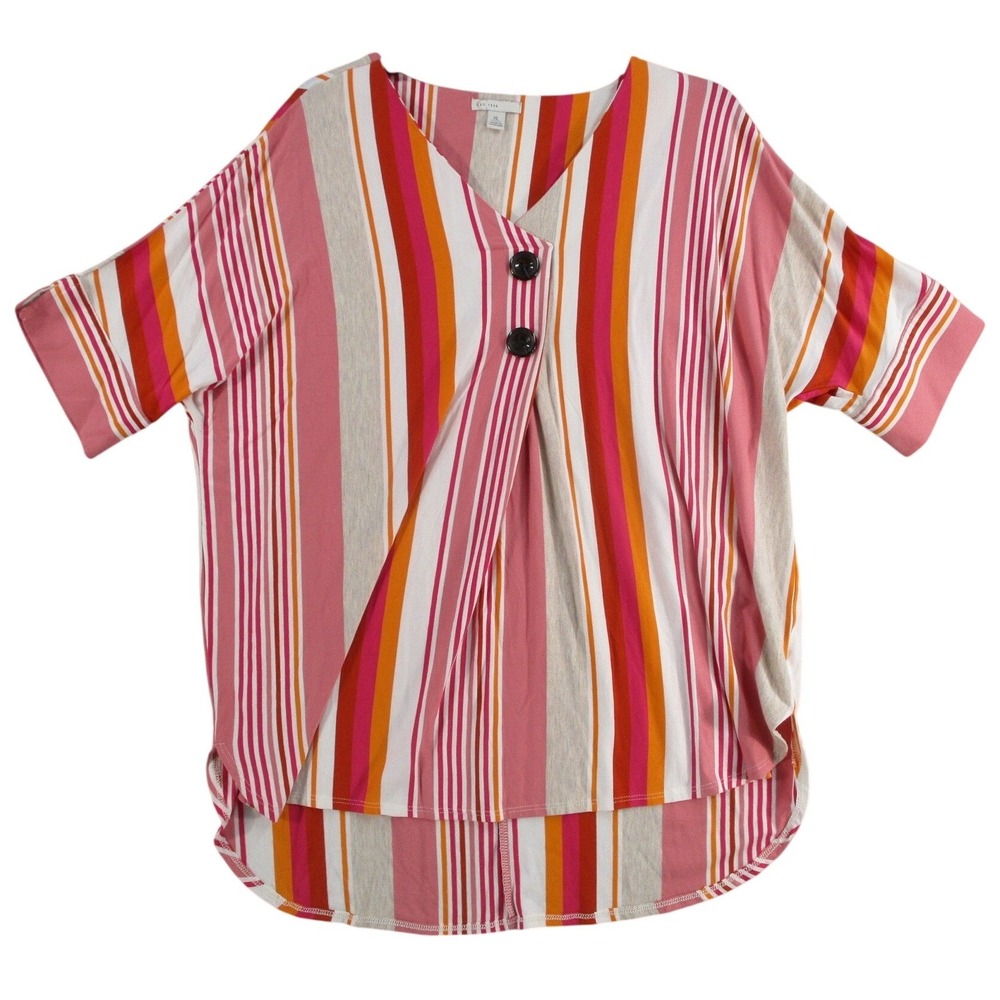 EST. 1946 Women XL Pink Orange Striped V-Neck Faux Wrap Button Top 3ST67P689139I